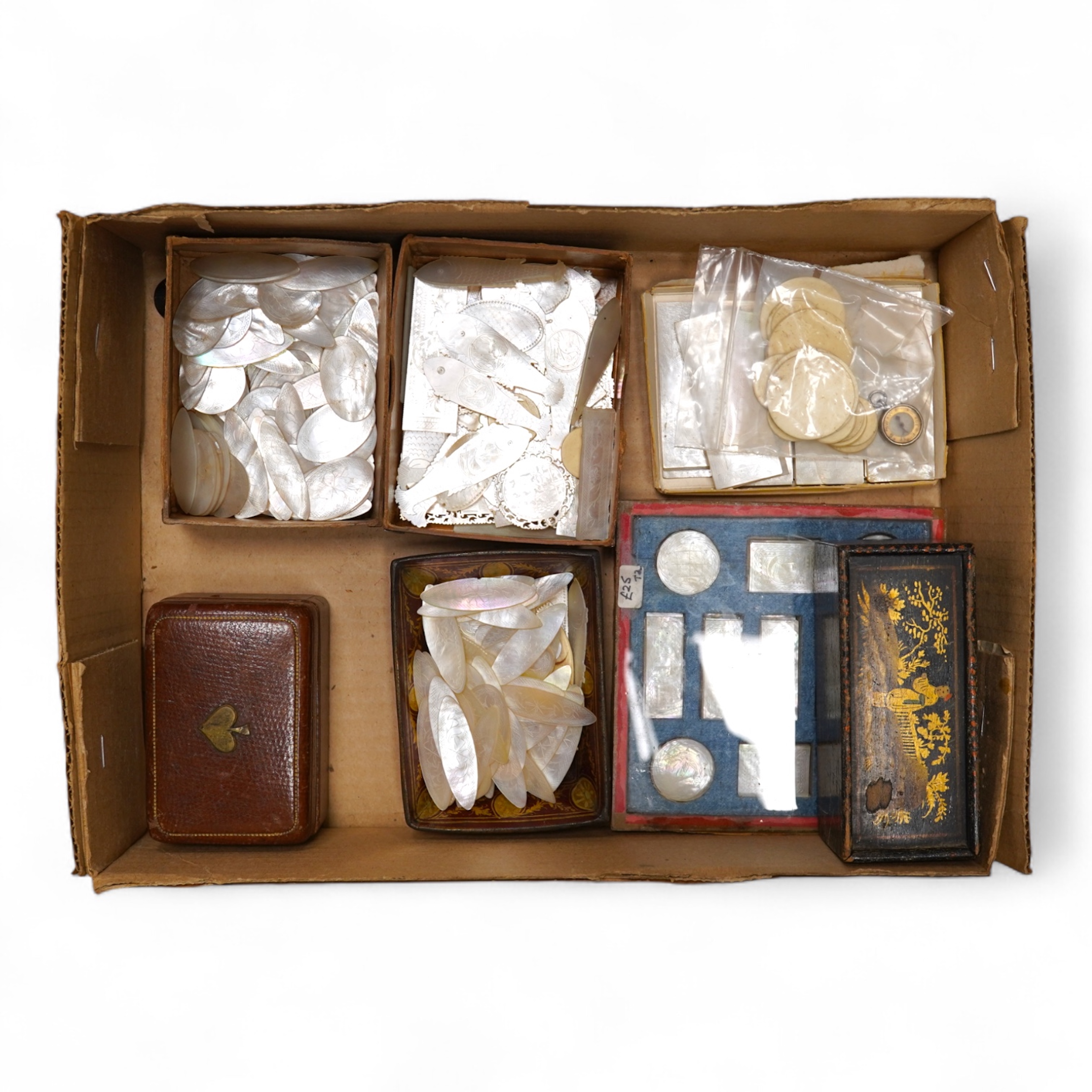 A group of 19th century Chinese mother of pearl gaming counters and accessories, together with a miniature silver cased compass